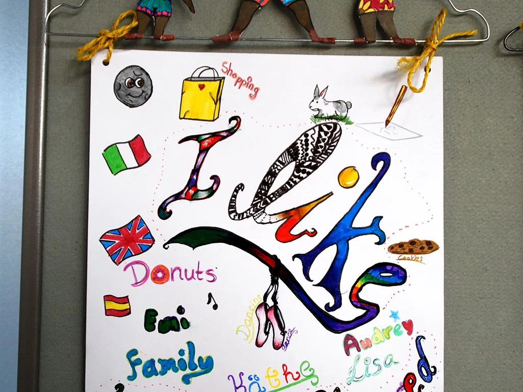 Ein buntes Plakat mit Zeichnungen zum Thema „I like“.